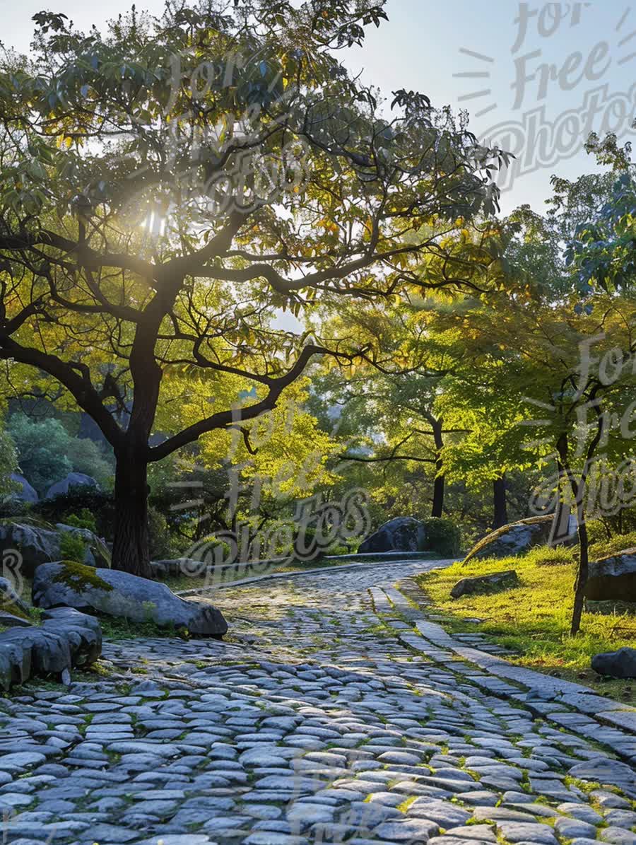 Tranquil Cobblestone Pathway Through Lush Green Park at Sunrise