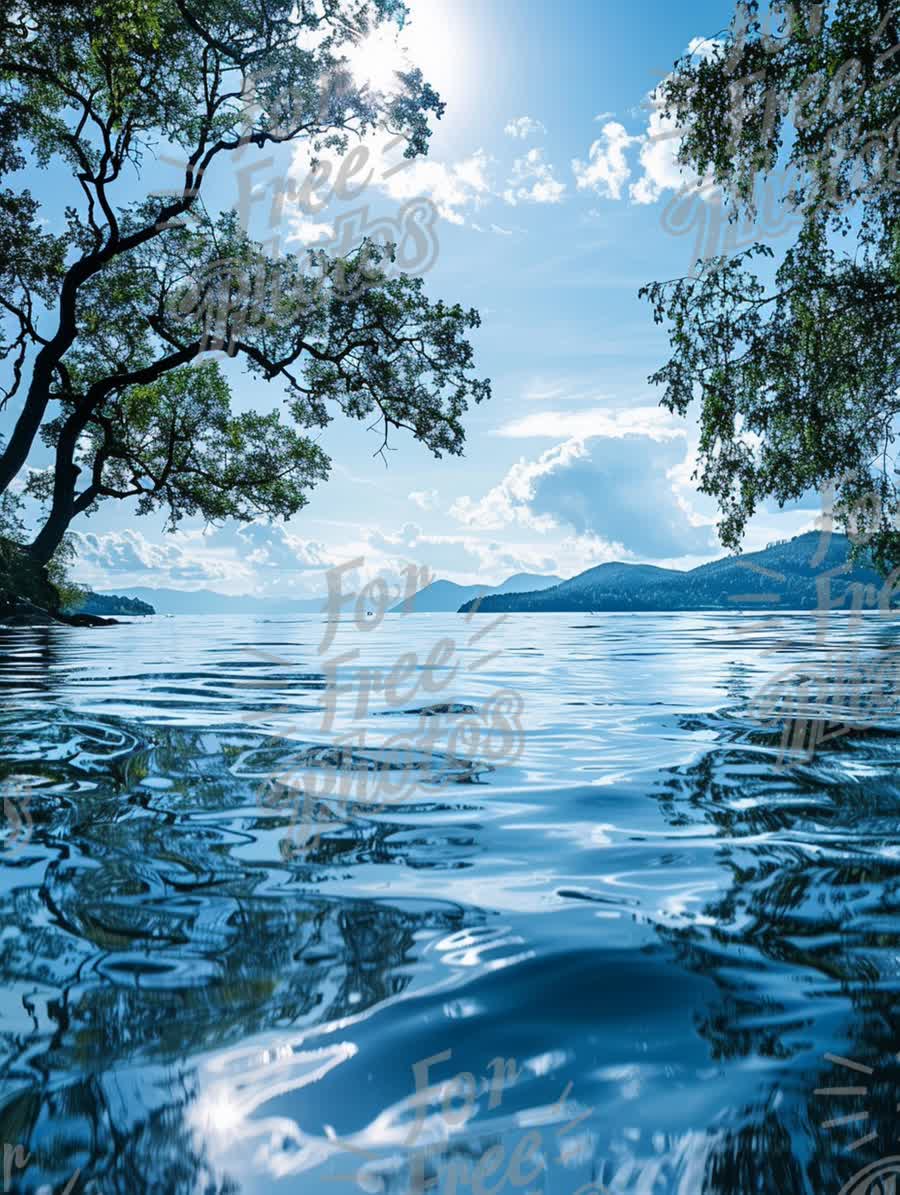 Tranquil Lake Reflection: Serene Waters and Lush Greenery Under a Bright Sky