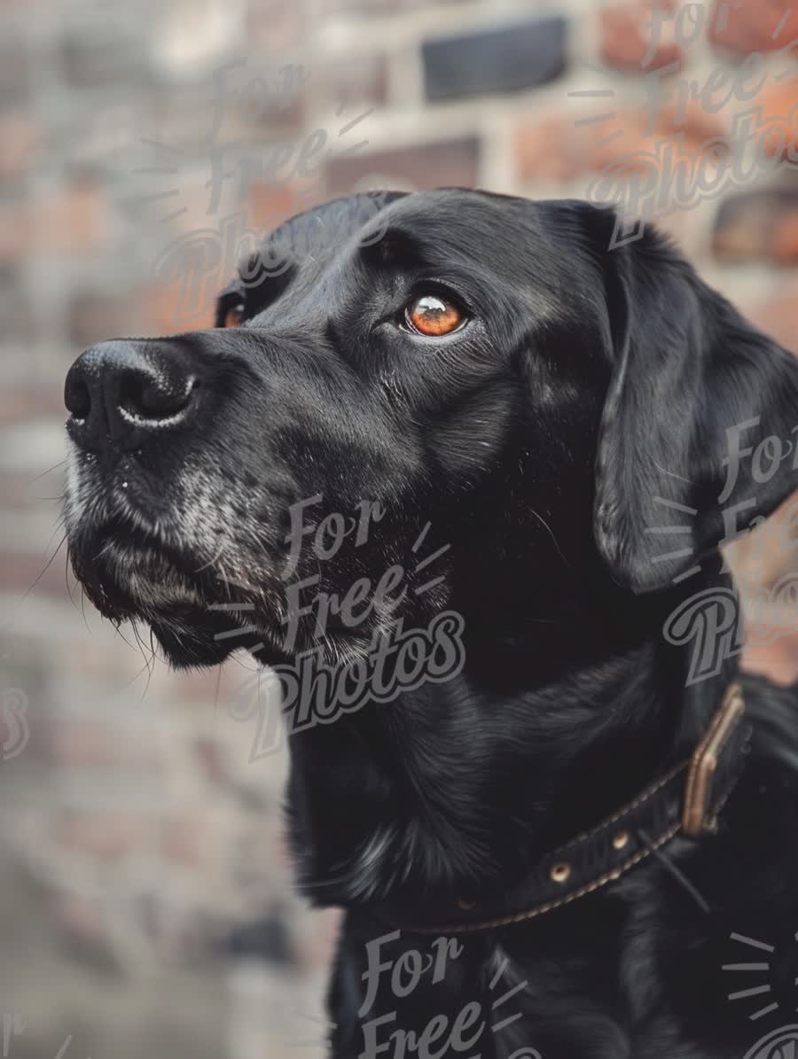 Close-Up Portrait of a Black Labrador Retriever Against a Rustic Brick Background