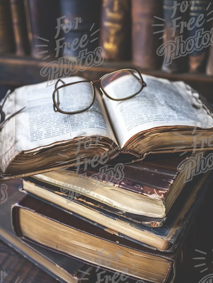 Vintage Books and Reading Glasses on a Stack of Old Literature