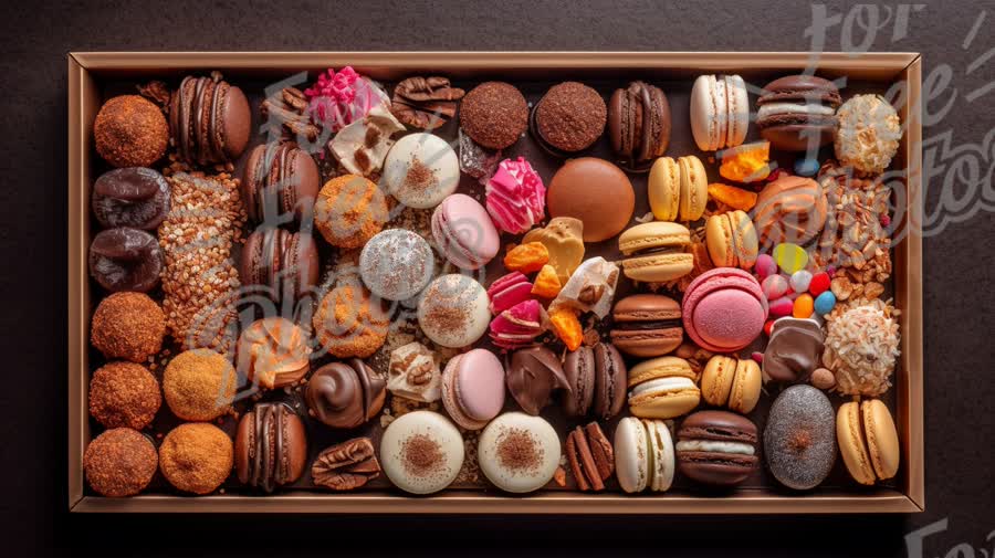 Delicious Assortment of Gourmet Chocolates and Macarons on a Wooden Tray