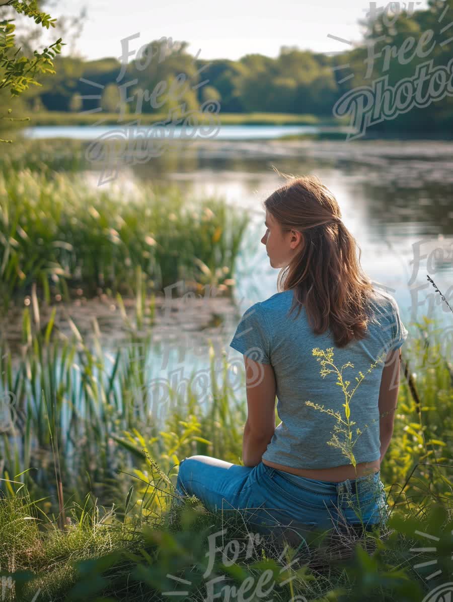 Serene Nature Escape: Woman Meditating by Tranquil Lake