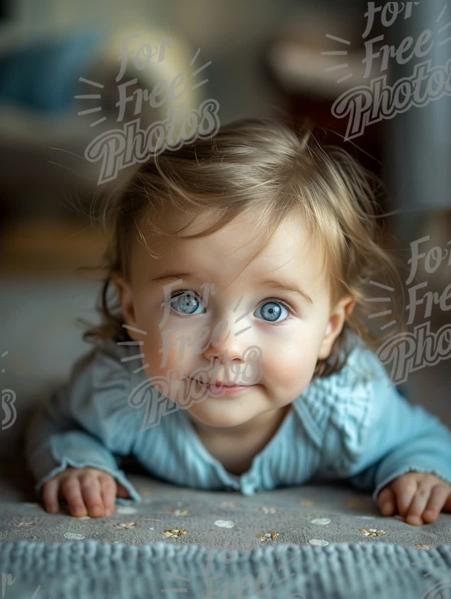 Adorable Baby with Bright Blue Eyes Smiling on Soft Blanket