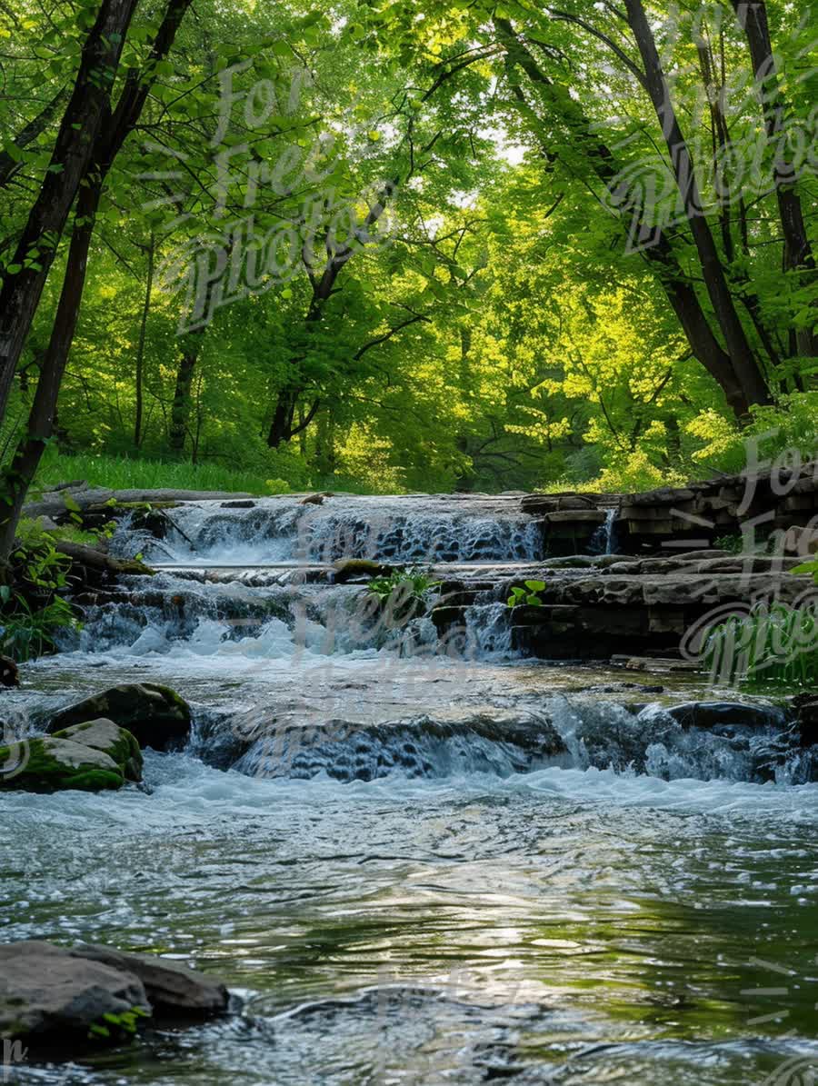 Tranquil Forest Stream with Cascading Waterfalls and Lush Greenery