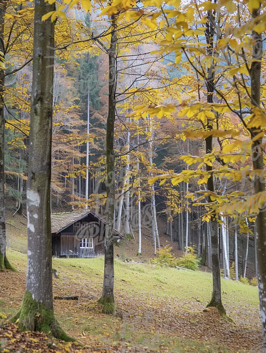 Charming Autumn Cabin in a Serene Forest Landscape