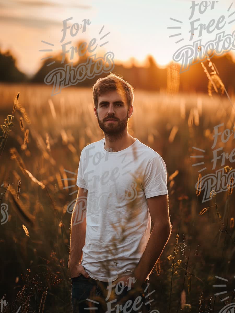 Young Man in White T-Shirt Standing in Golden Field at Sunset