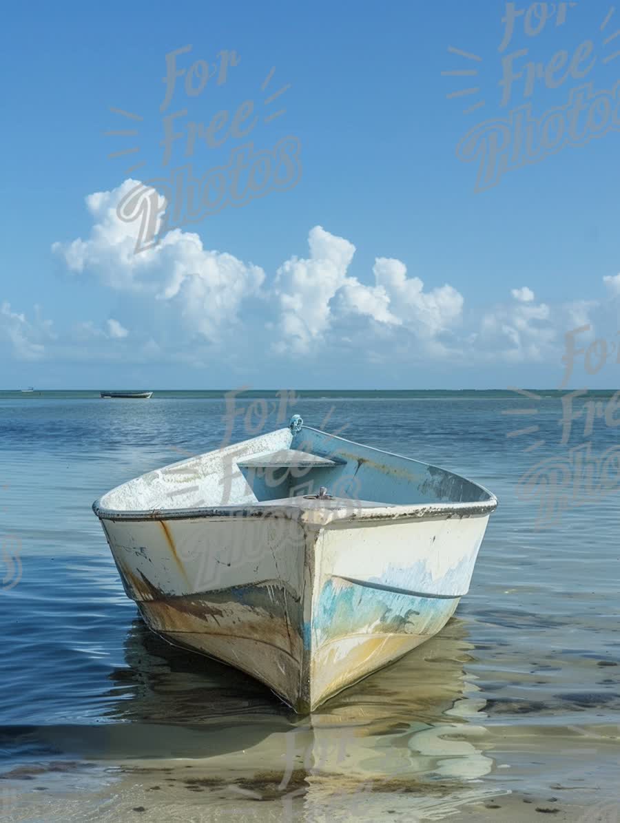 Serene Coastal Landscape with Abandoned Fishing Boat Under Blue Sky