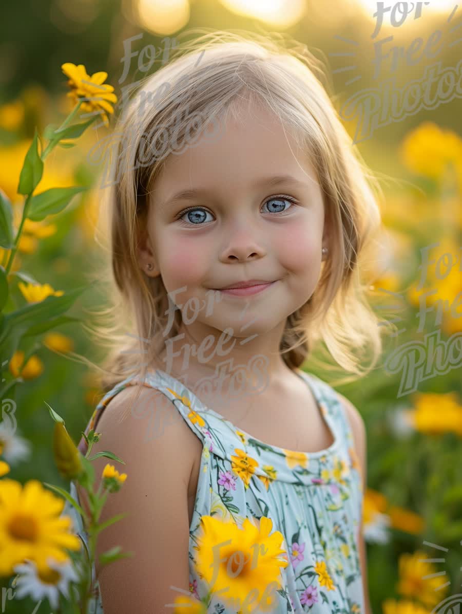 Charming Young Girl in a Sunlit Flower Field: Innocence and Nature