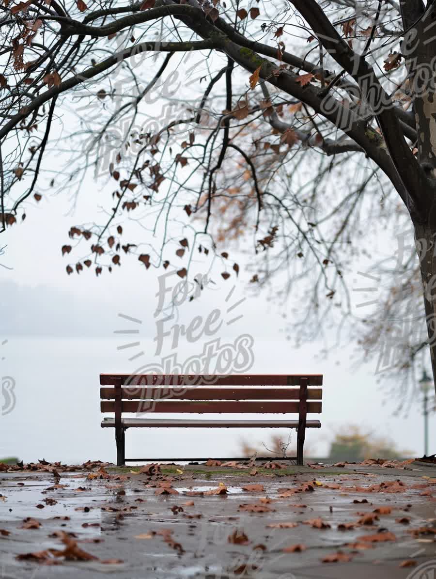 Serene Park Bench in Autumn: Tranquil Nature Scene with Fallen Leaves