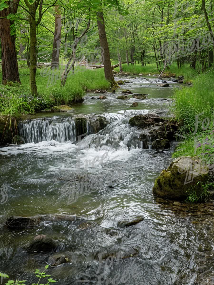 Tranquil Forest Stream with Lush Greenery and Gentle Waterfalls