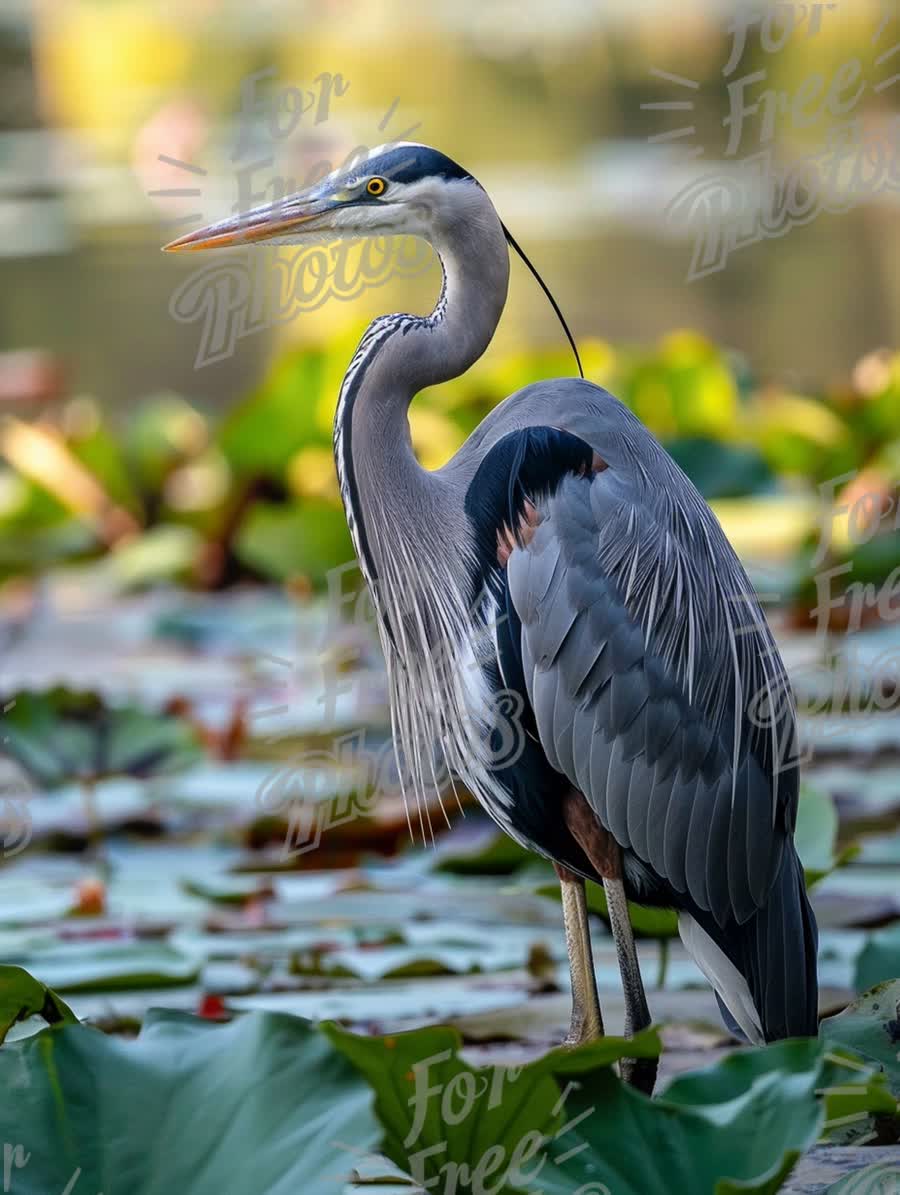 Majestic Great Blue Heron Among Water Lilies in Serene Wetland Habitat