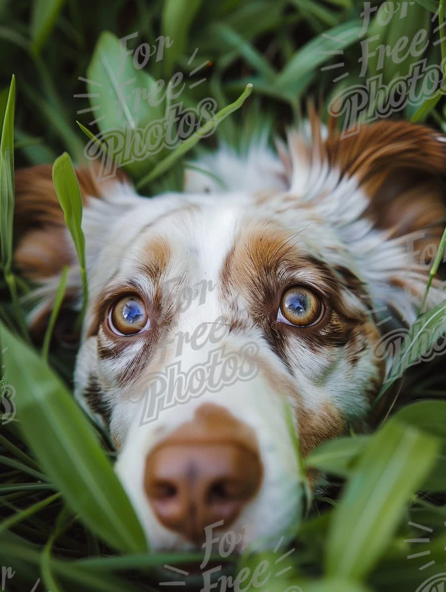 Adorable Dog in Lush Green Grass: Close-Up of Playful Pet with Expressive Eyes