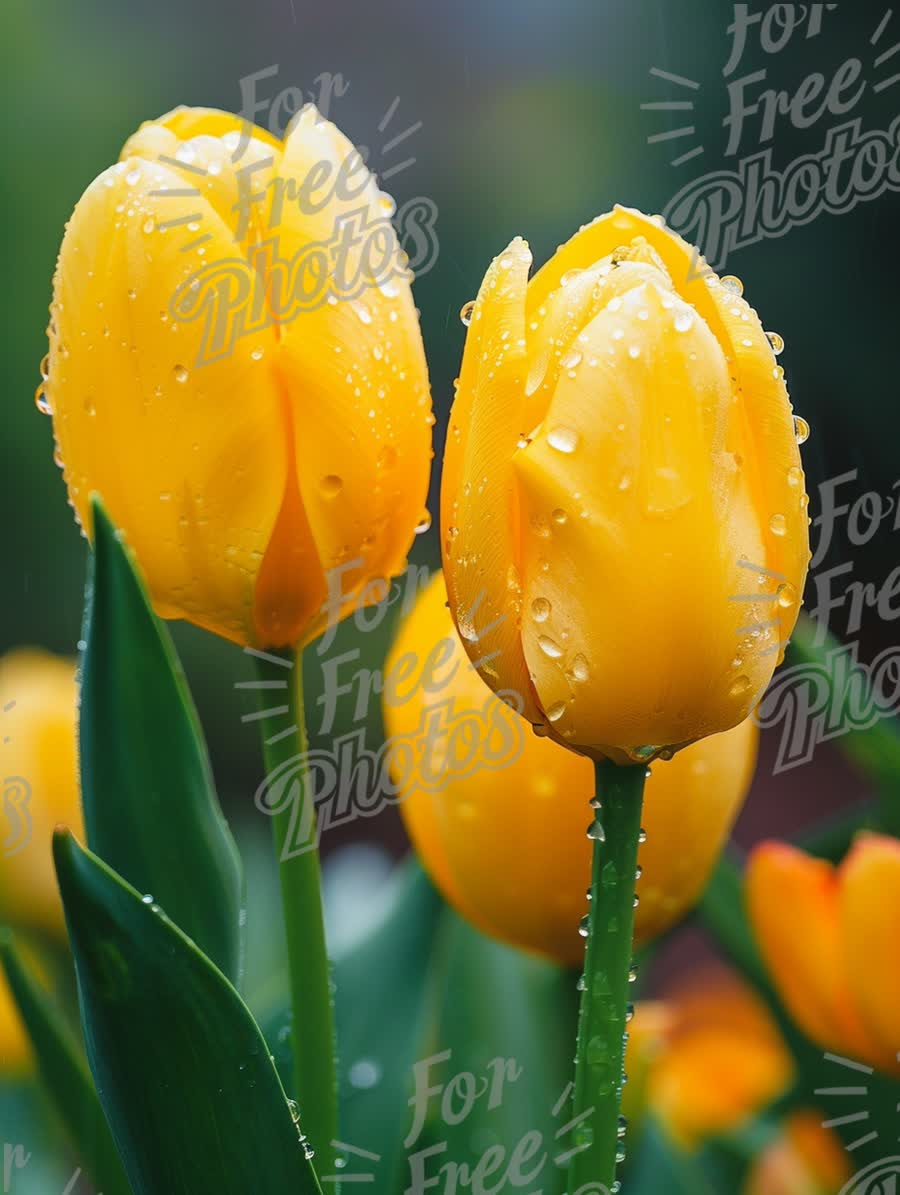 Vibrant Yellow Tulips with Raindrops in Bloom - Fresh Spring Garden Beauty