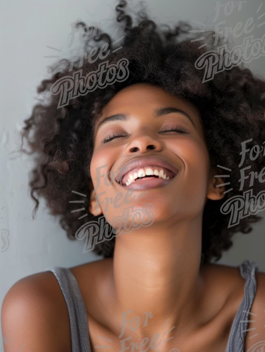 Joyful Woman with Curly Hair Smiling Against a Neutral Background