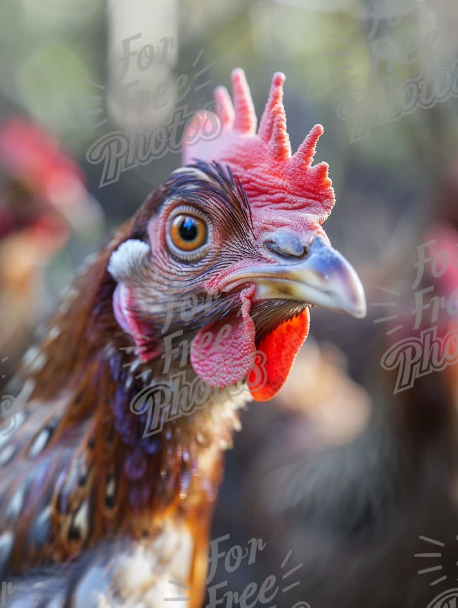 Close-Up of a Vibrant Rooster with Detailed Feathers and Bright Comb