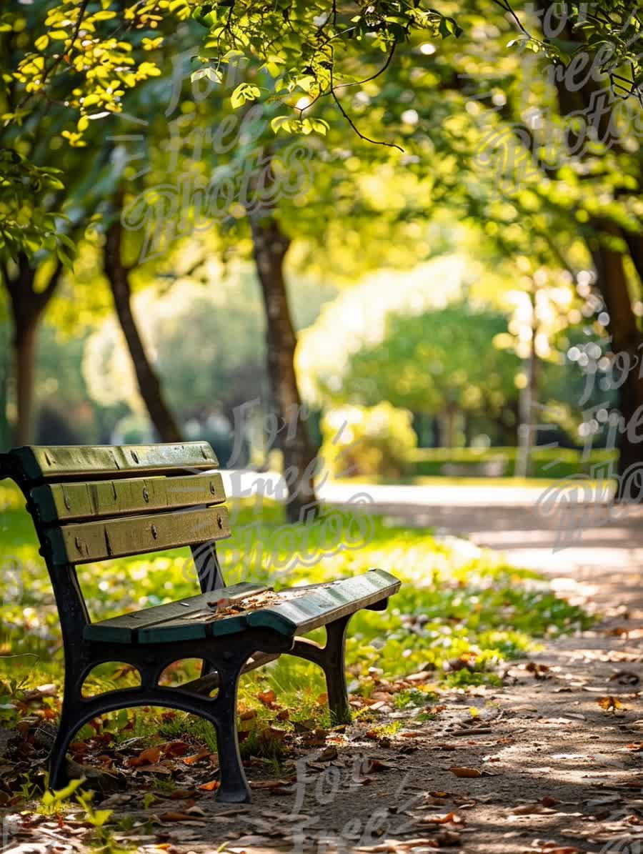 Tranquil Park Bench Surrounded by Lush Greenery and Sunlight