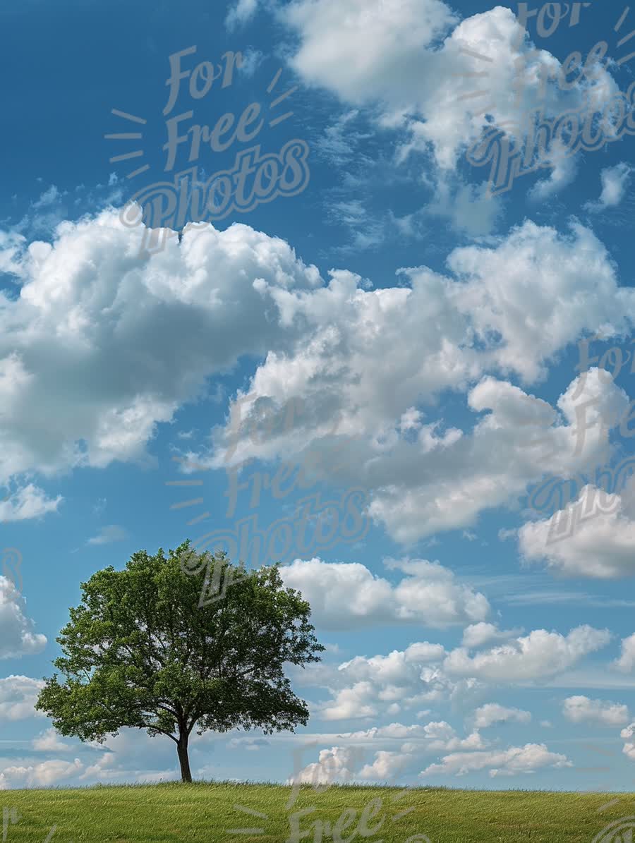 Solitary Tree on Green Hill Under Blue Sky with Fluffy Clouds