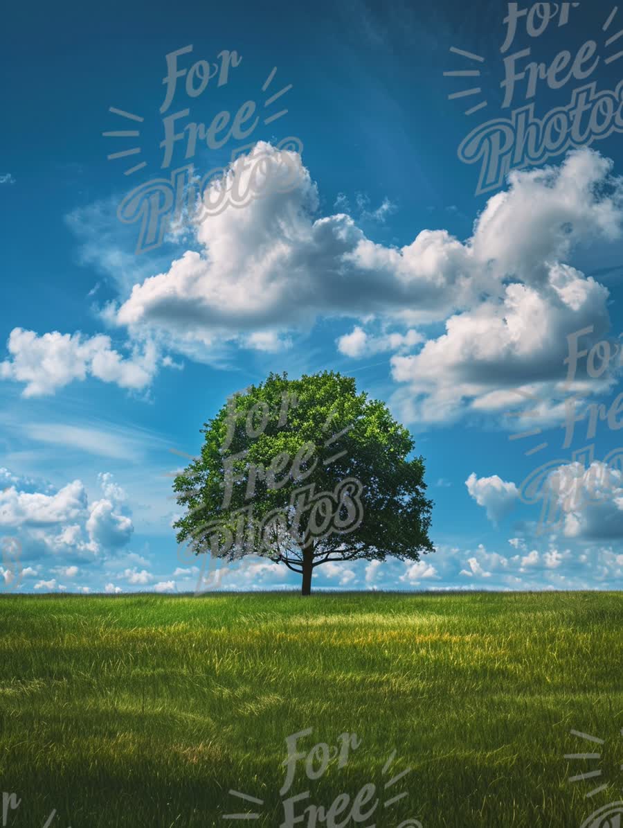 Serene Isolated Tree on Lush Green Field Under Blue Sky with Fluffy Clouds