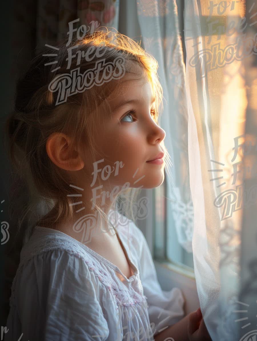 Dreamy Child Gazing Out the Window at Sunset