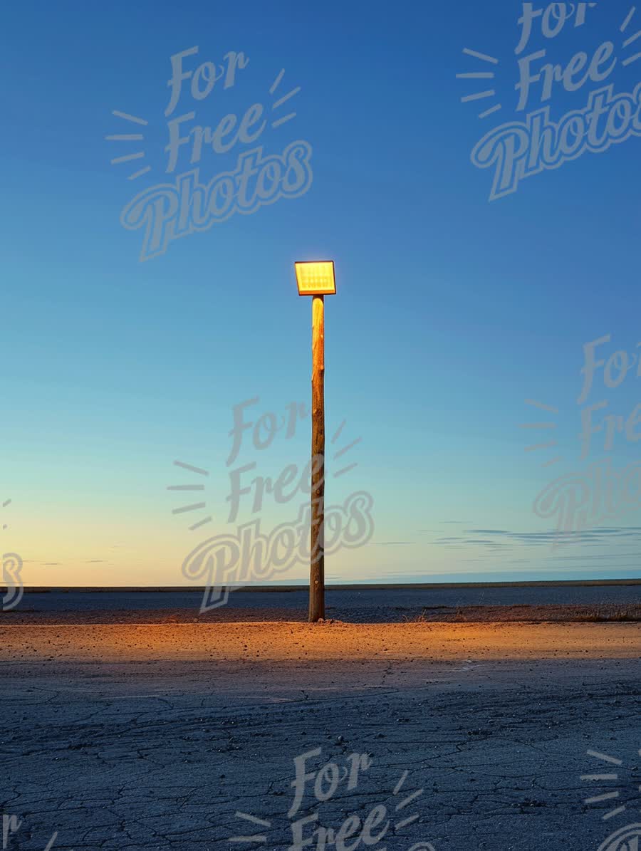 Solitary Streetlight at Dusk: Tranquil Desert Landscape with Warm Glow