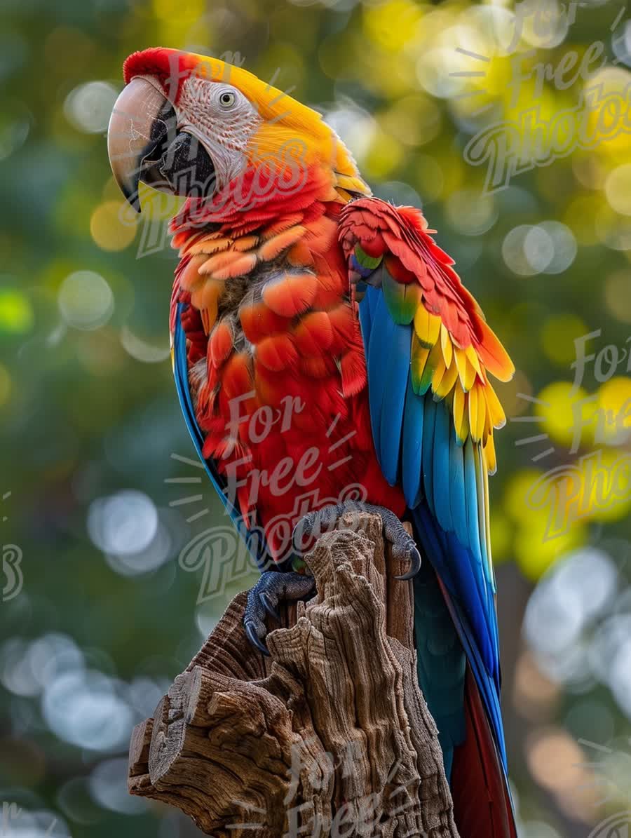 Vibrant Scarlet Macaw Perched on a Tree Stump with Bokeh Background