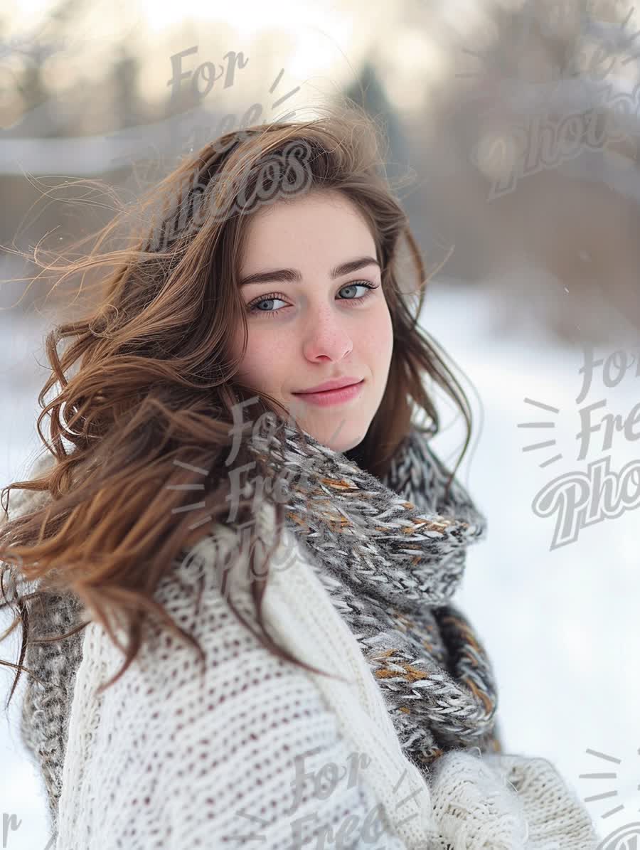 Winter Portrait of a Young Woman in Cozy Knitwear with Snowy Background