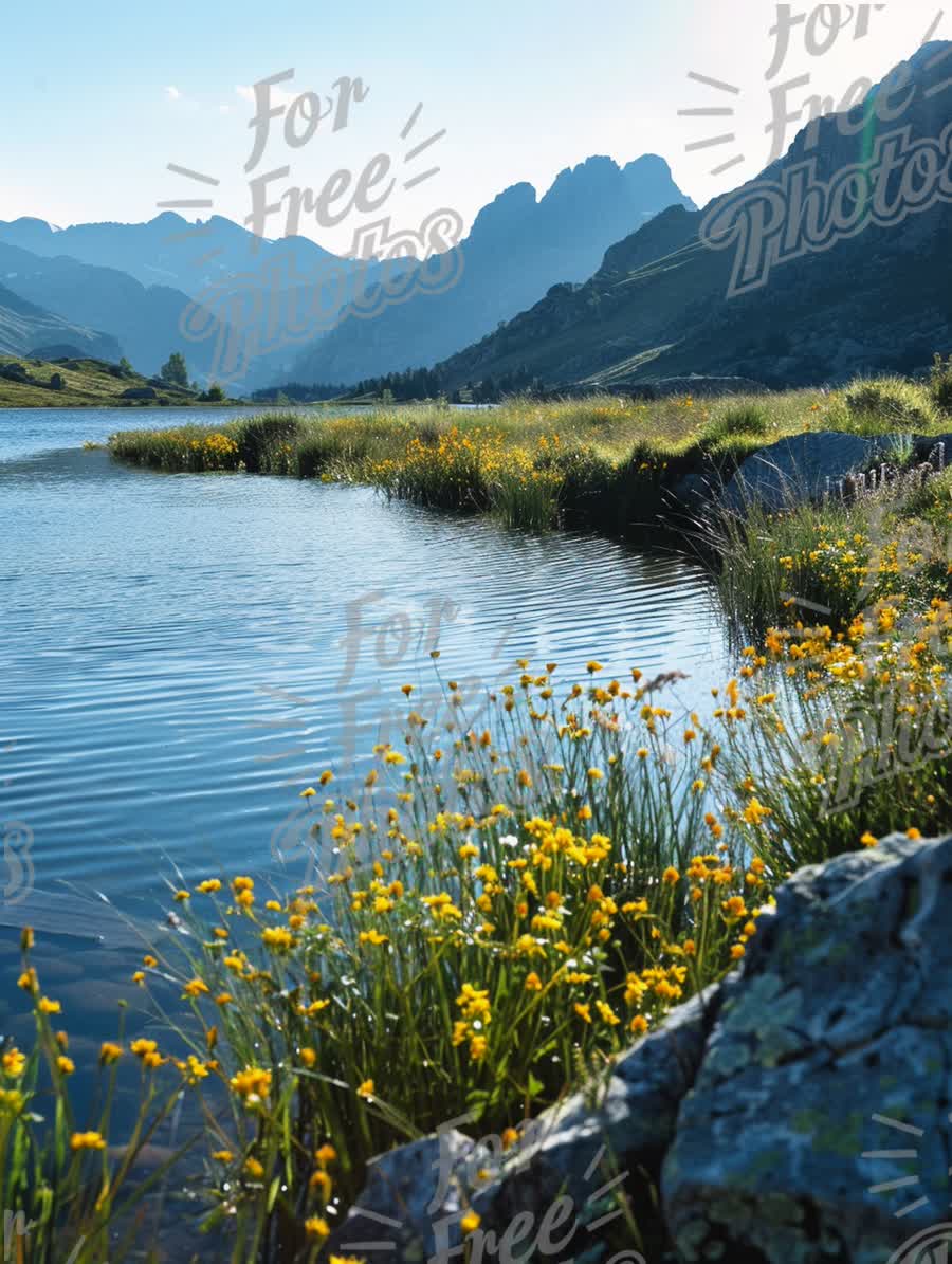 Serene Mountain Lake with Wildflowers and Scenic Landscape