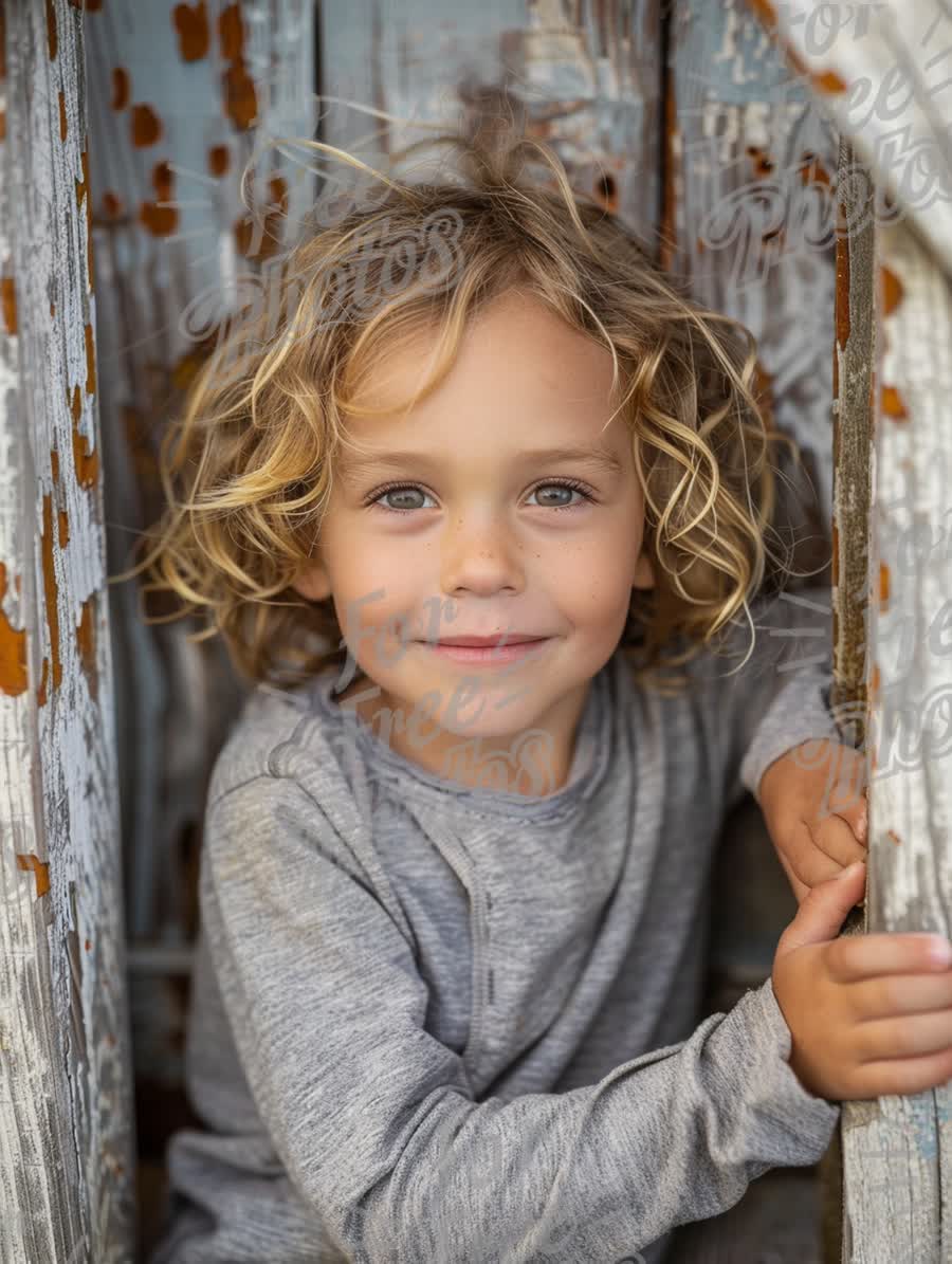 Joyful Child Portrait with Curly Hair in Rustic Setting