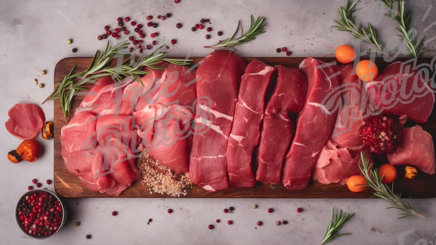 Fresh Cuts of Meat on Wooden Board with Herbs and Spices