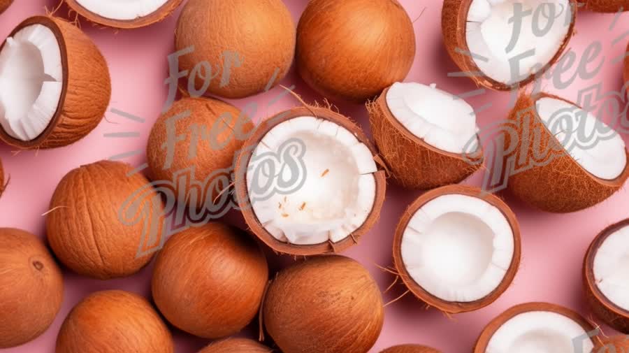 Fresh Coconut Halves on Pink Background - Tropical Food and Natural Ingredients