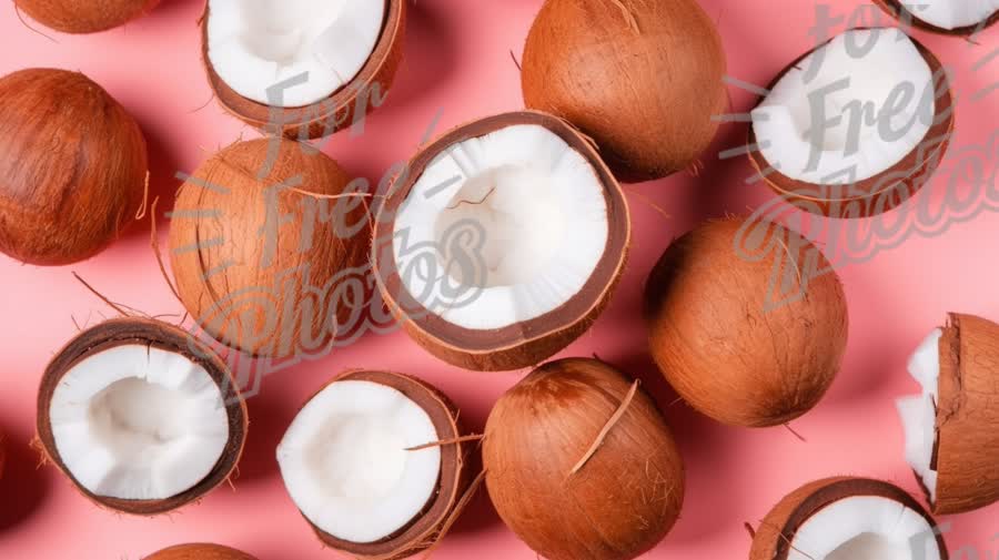 Fresh Coconut Halves on Pink Background - Tropical Fruit Concept