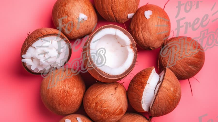 Fresh Coconut Halves and Whole Nuts on Vibrant Pink Background