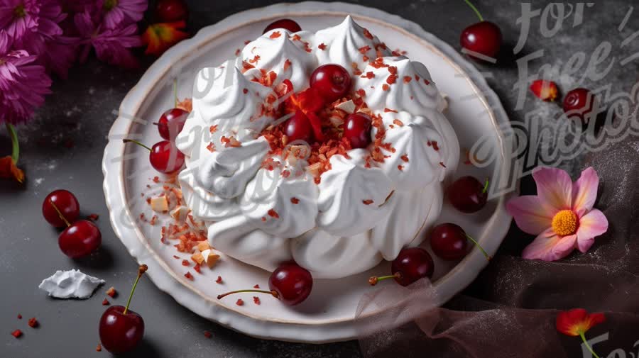 Delicious Meringue Dessert with Cherries and Edible Flowers on Elegant Plate