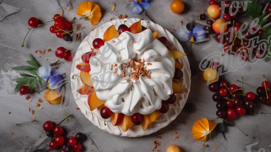 Delicious Pavlova Dessert with Fresh Fruits and Whipped Cream on Rustic Background