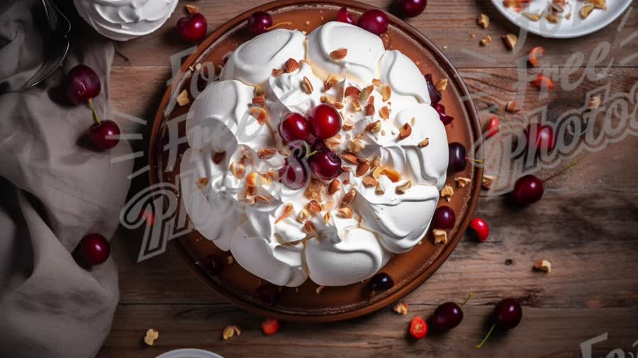 Delicious Chocolate Cake with Whipped Cream and Cherries on Rustic Wooden Table