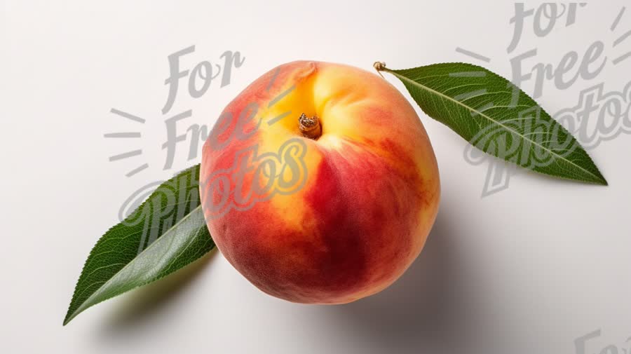 Fresh Juicy Peach with Green Leaves on White Background