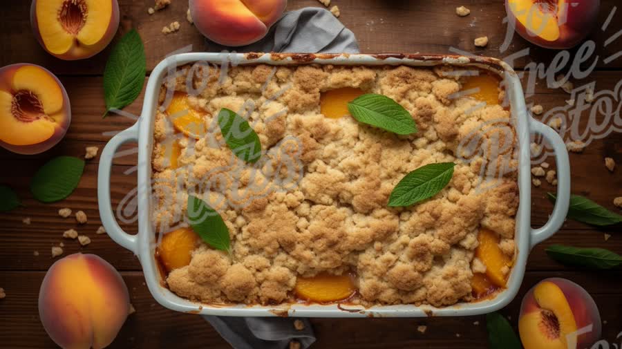 Delicious Peach Crisp Dessert with Fresh Peaches and Mint Leaves