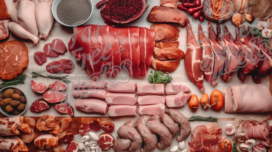 Assorted Fresh Meats and Charcuterie Selection on Rustic Wooden Table