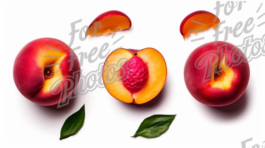 Fresh Peaches with Slices and Leaves on White Background - Healthy Food Concept