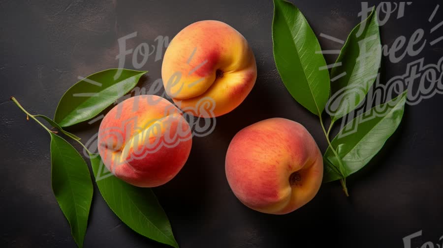 Fresh Juicy Peaches with Green Leaves on Dark Background