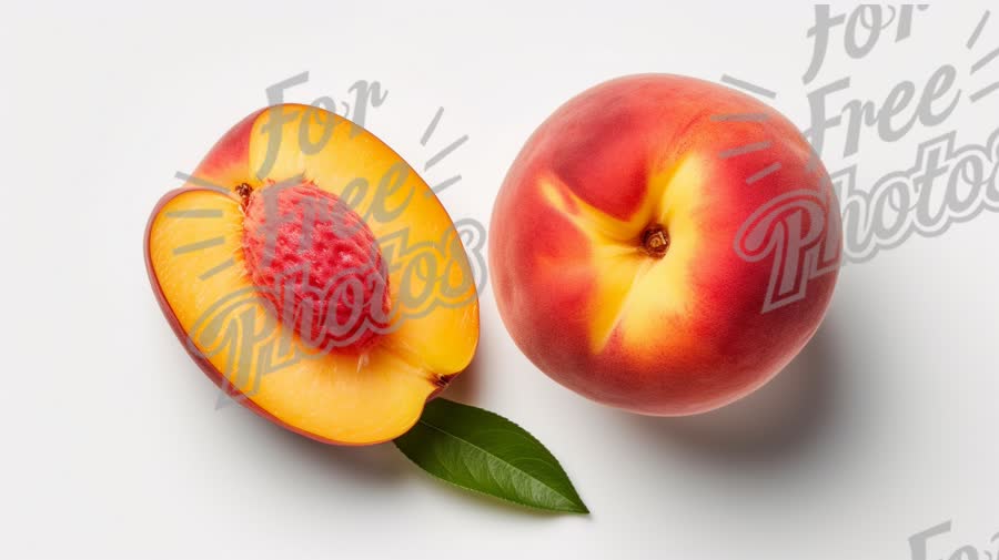 Fresh Juicy Peach with Slice and Leaf on White Background