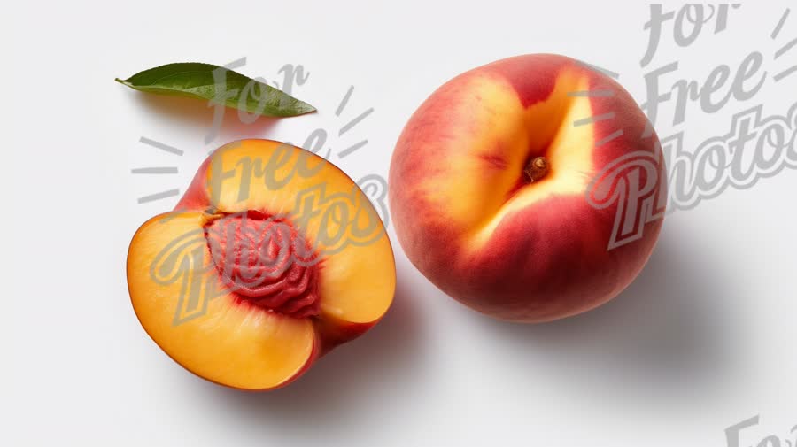 Fresh Juicy Peach with Slice and Leaf on White Background