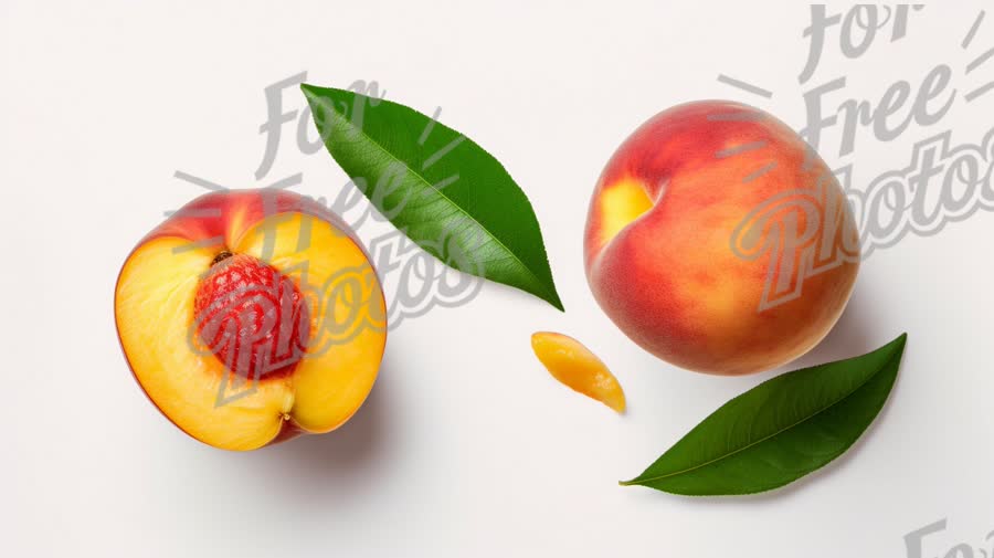 Fresh Peach and Raspberry with Green Leaves - Healthy Summer Fruit Concept