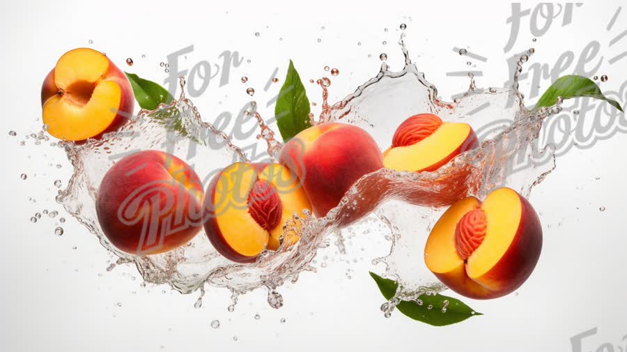 Fresh Peaches Splashing in Water with Green Leaves - Healthy Food Concept