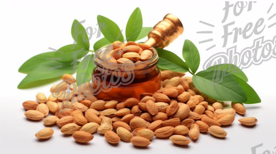 Natural Almond Oil with Almonds and Green Leaves - Healthy Cooking and Wellness Concept