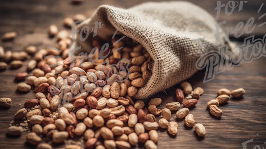 Organic Nuts and Seeds in Burlap Sack on Rustic Wooden Table