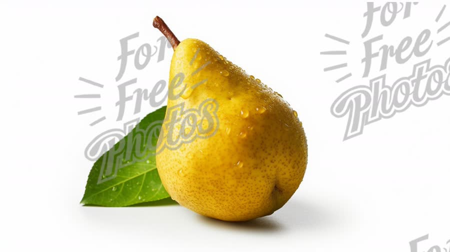 Fresh Yellow Pear with Water Droplets and Leaf on White Background