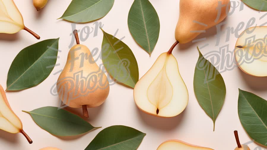 Fresh Pears and Green Leaves on Soft Background - Healthy Eating and Natural Ingredients Concept