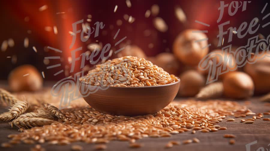 Organic Whole Grains: Healthy Flaxseed in Rustic Bowl with Wheat and Grain Background