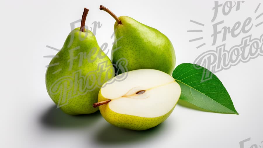 Fresh Green Pears with Sliced Half and Leaf on White Background